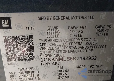 2019 GMC Acadia Slt-1 z USA, uszkodzony, nr VIN 1GKKNMLS6KZ182952